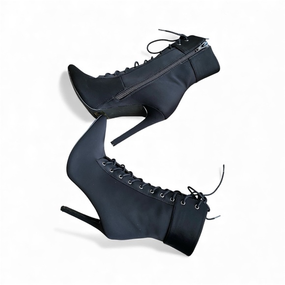 Elegant Black Satin Lace-Up Heeled Boots - Picture 3 of 9